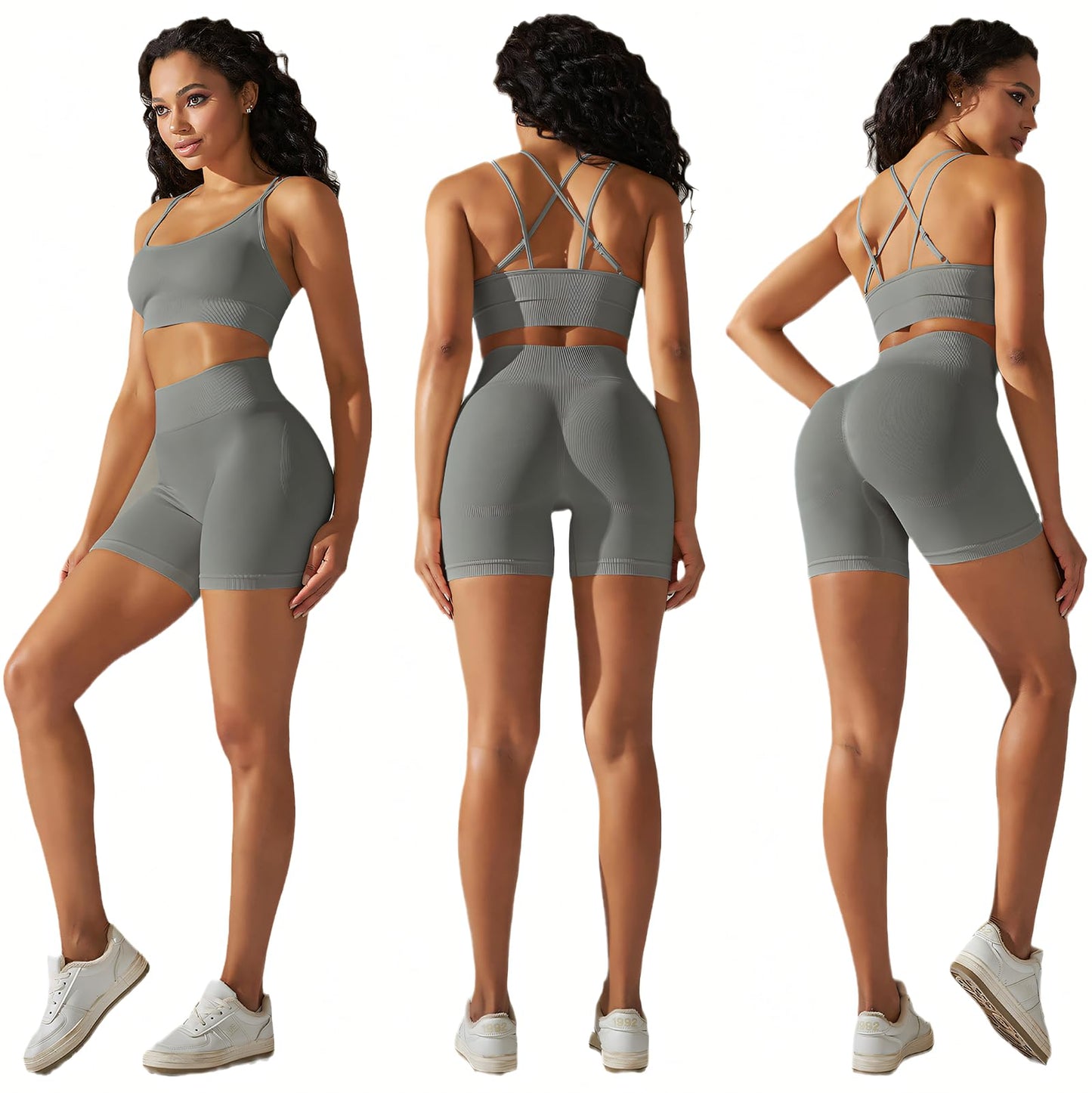 Seamless Workout Sets for Women Strappy Crisscross Sports Bras with Shorts Leggings 2 Piece Yoga Outfits Gym Tracksuit