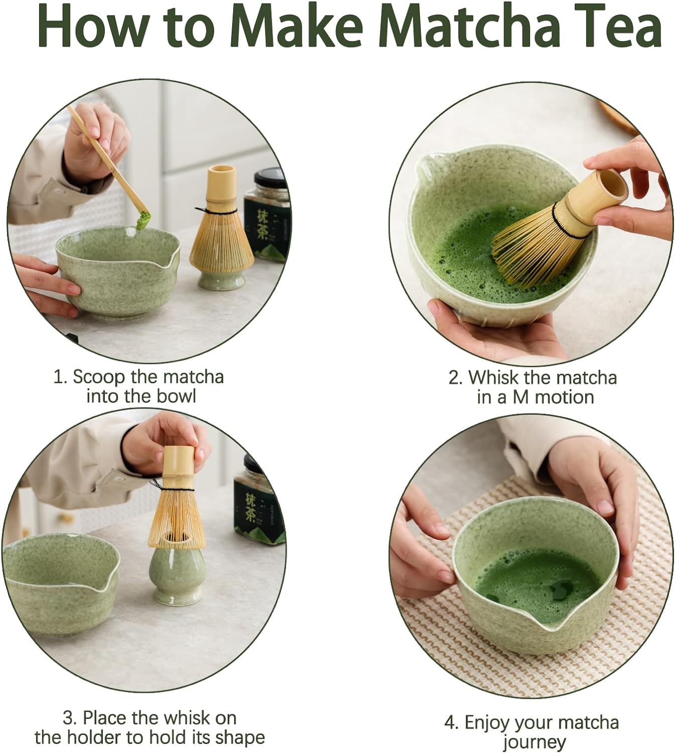 Ochcahser Matcha Set, Japanese Tea Set Includes Matcha Bowl with Spout, Matcha Whisk Holder, Bamboo Matcha Whisk and Bamboo Scoop, 17 oz Mottled Tea Green Glaze Ceramic Matcha Kit for Tea Lovers