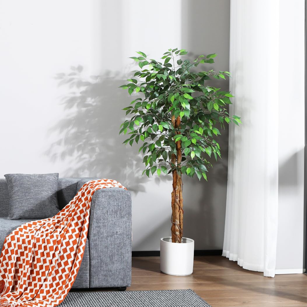 OAKRED 4FT Silk Artificial Ficus Tree with Realistic Leaves and Natural Trunk Fake Plants Tall Fake Tree Faux Ficus Tree for Office House Living Room Home Decor Indoor Outdoor,Set of 1