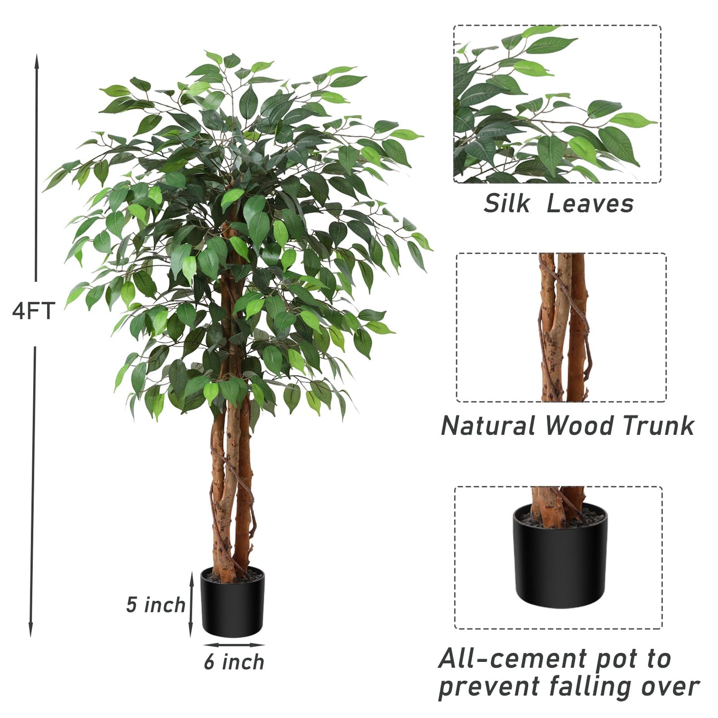 OAKRED 4FT Silk Artificial Ficus Tree with Realistic Leaves and Natural Trunk Fake Plants Tall Fake Tree Faux Ficus Tree for Office House Living Room Home Decor Indoor Outdoor,Set of 1