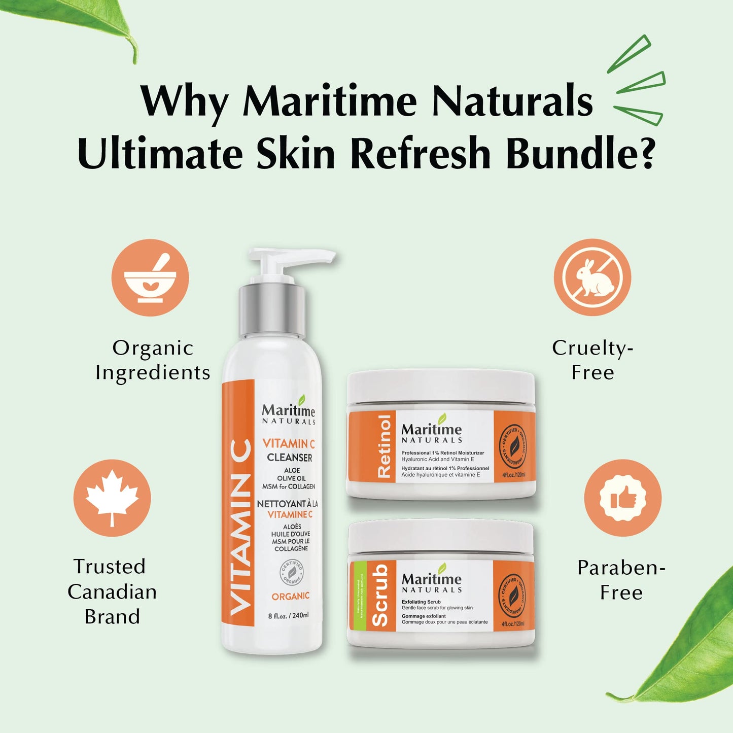 Maritime Naturals Ultimate Skin Refresh Bundle - Includes 1 of each: Vitamin C Cleanser (240 ml), Exfoliating Scrub (120 ml), and Retinol Moisturizer (120 ml), Organic and Natural Ingredients