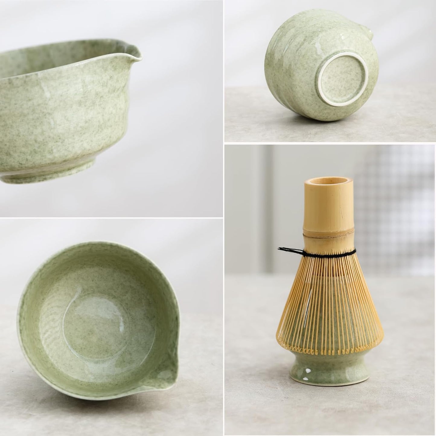 Ochcahser Matcha Set, Japanese Tea Set Includes Matcha Bowl with Spout, Matcha Whisk Holder, Bamboo Matcha Whisk and Bamboo Scoop, 17 oz Mottled Tea Green Glaze Ceramic Matcha Kit for Tea Lovers