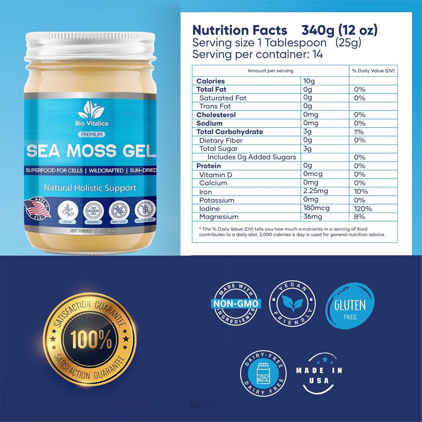 Sea Moss Gel by BioVItalica - Irish sea Moss raw Organic - Premium Quality - Dr Sebi, Vegan superfood for Cells - 100% Natural seamoss Gel… (Original, 1 Pack)