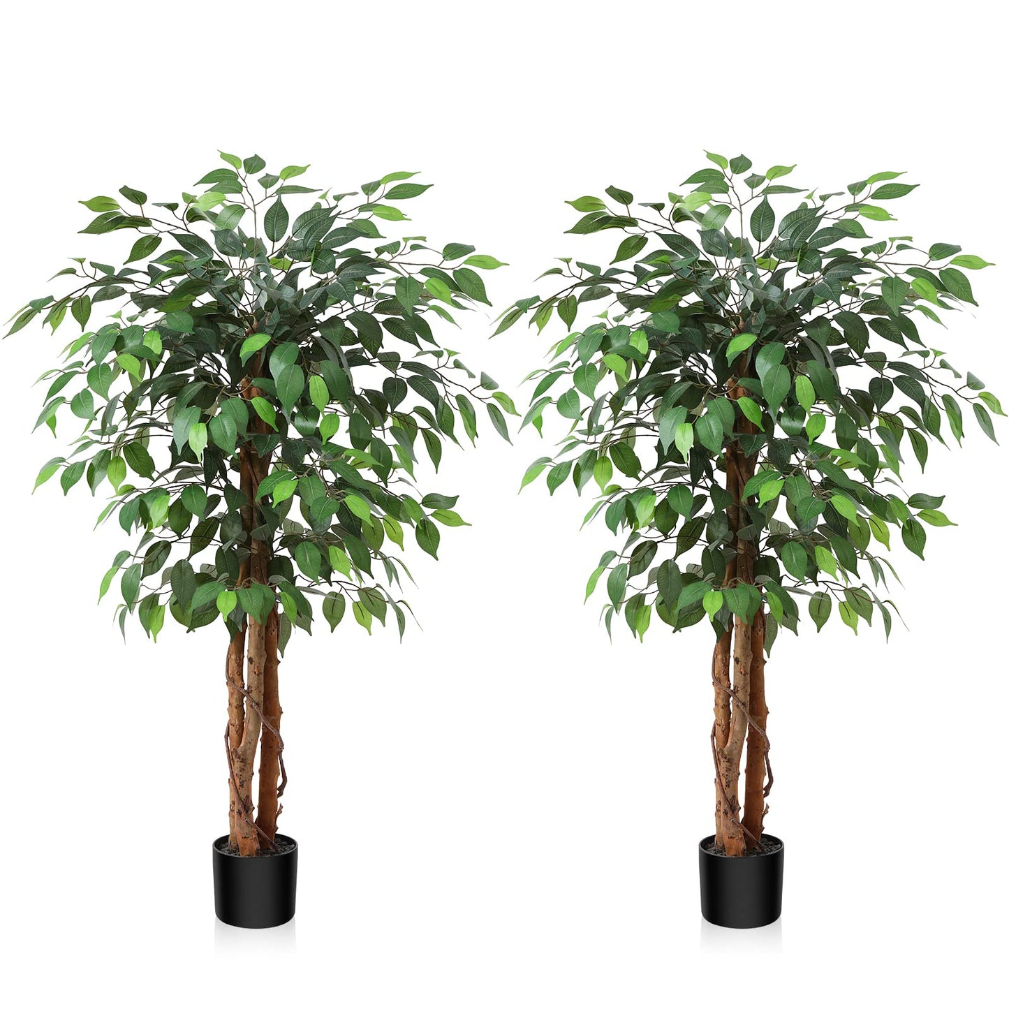 OAKRED 4FT Silk Artificial Ficus Tree with Realistic Leaves and Natural Trunk Fake Plants Tall Fake Tree Faux Ficus Tree for Office House Living Room Home Decor Indoor Outdoor,Set of 1