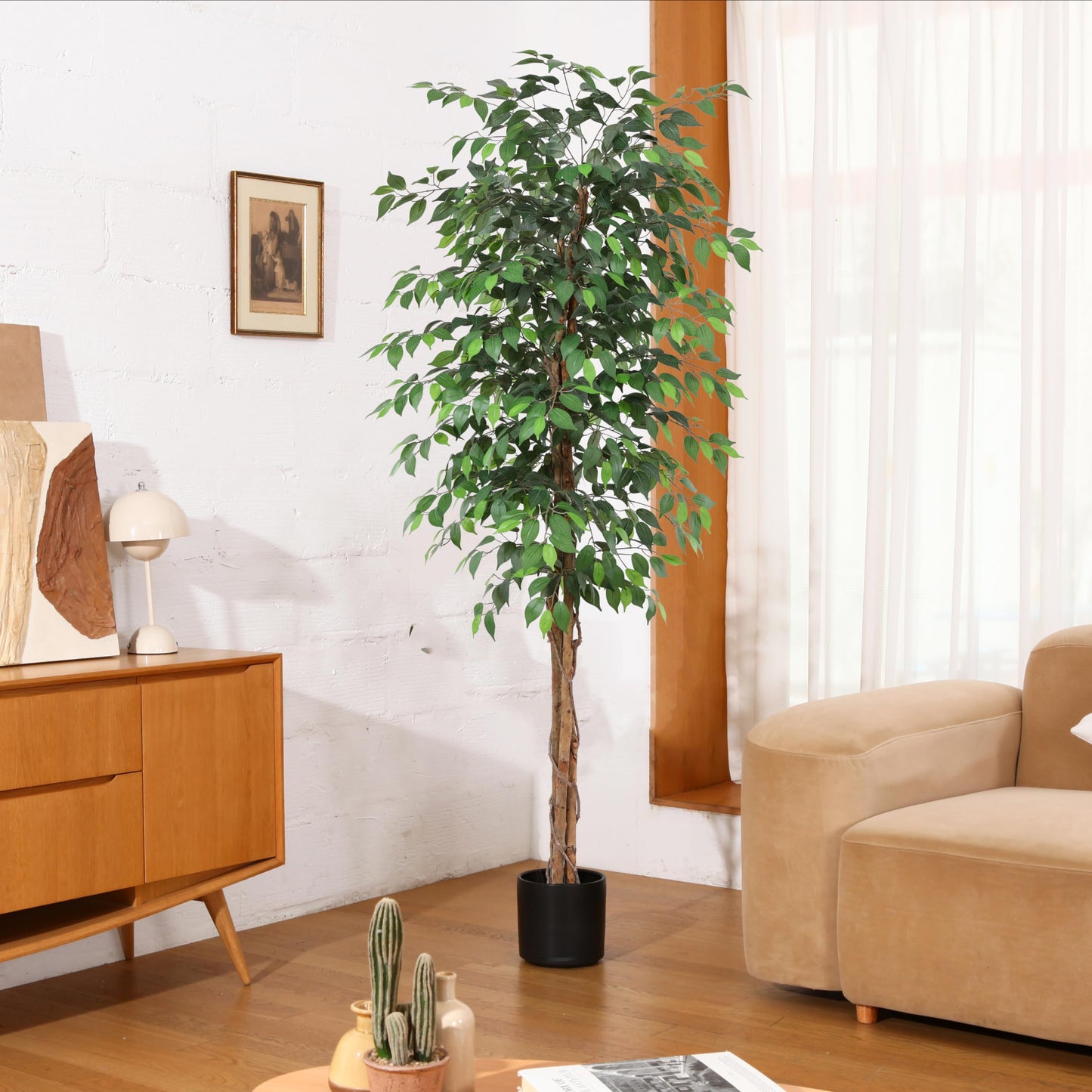 OAKRED 4FT Silk Artificial Ficus Tree with Realistic Leaves and Natural Trunk Fake Plants Tall Fake Tree Faux Ficus Tree for Office House Living Room Home Decor Indoor Outdoor,Set of 1