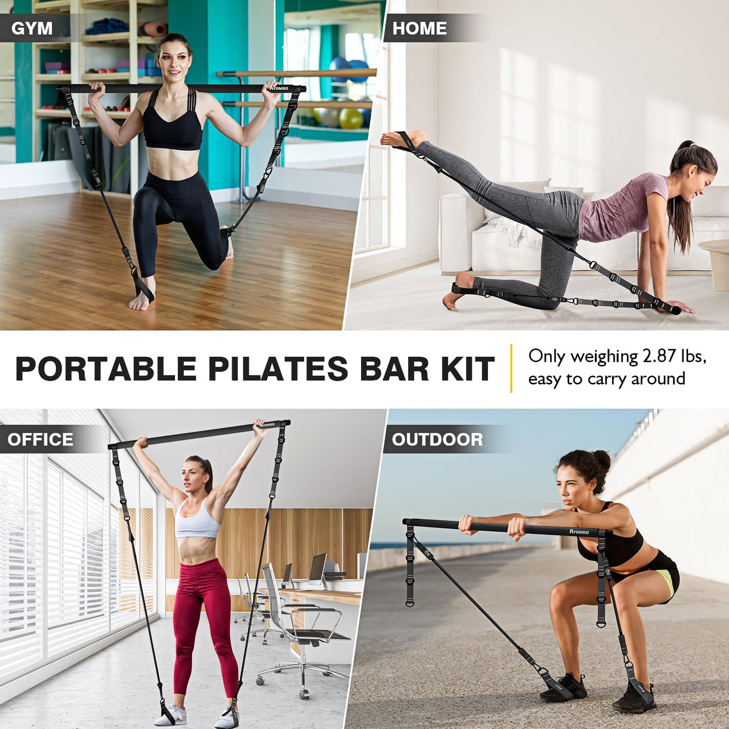 Pilates Bar Kit with Resistance Bands, Pilates Workout Equipment for Legs, Hip, Waist, Arm, Squats Exercise Equipment for Home Workouts, Adjustable 3-Section Pilates Bar Kit for Women & Men