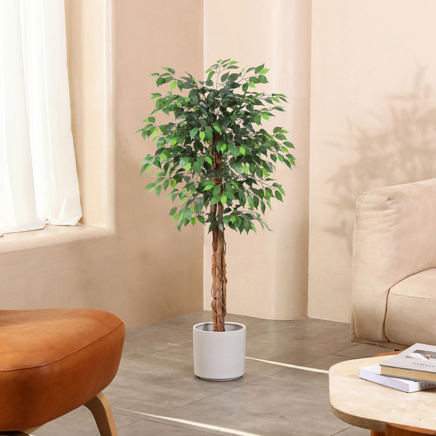 OAKRED 4FT Silk Artificial Ficus Tree with Realistic Leaves and Natural Trunk Fake Plants Tall Fake Tree Faux Ficus Tree for Office House Living Room Home Decor Indoor Outdoor,Set of 1