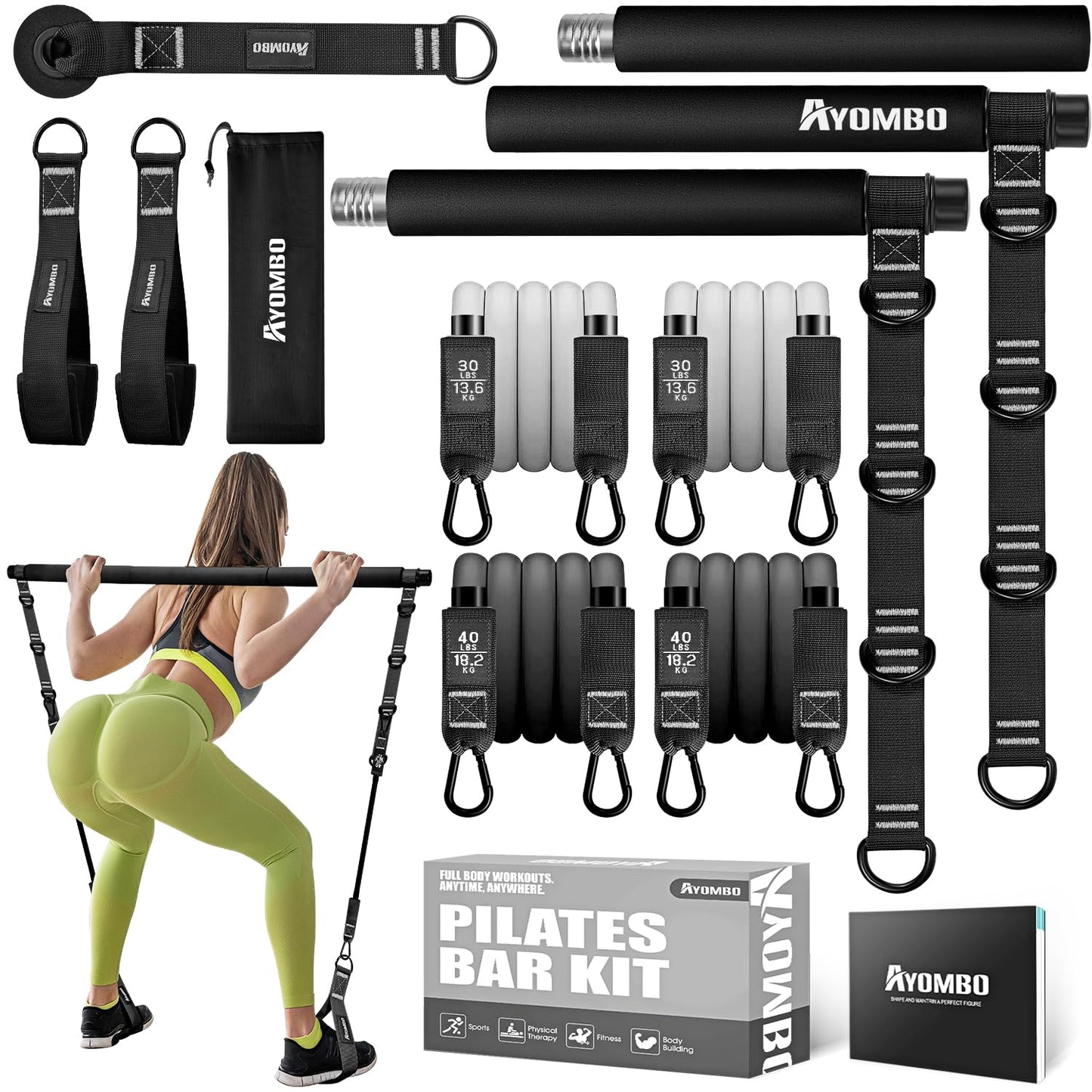 Pilates Bar Kit with Resistance Bands, Pilates Workout Equipment for Legs, Hip, Waist, Arm, Squats Exercise Equipment for Home Workouts, Adjustable 3-Section Pilates Bar Kit for Women & Men