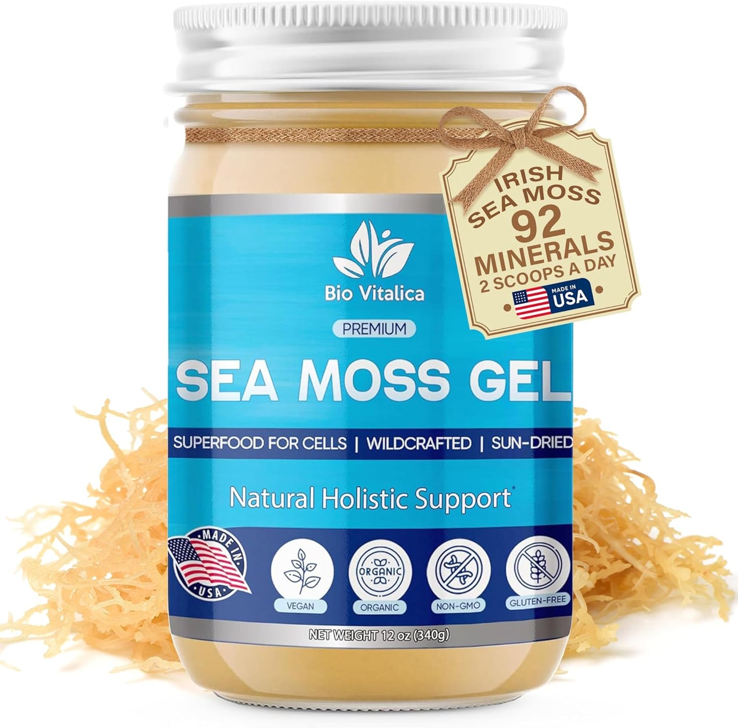 Sea Moss Gel by BioVItalica - Irish sea Moss raw Organic - Premium Quality - Dr Sebi, Vegan superfood for Cells - 100% Natural seamoss Gel… (Original, 1 Pack)