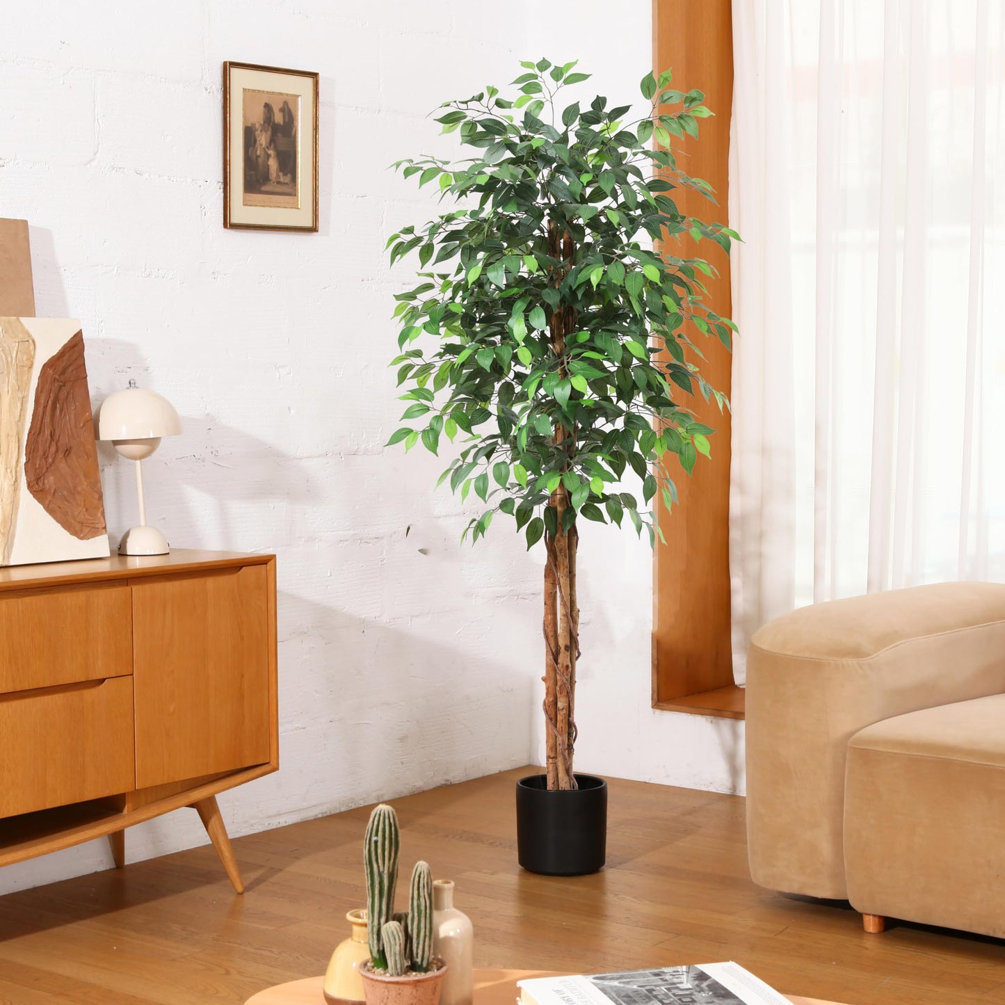 OAKRED 4FT Silk Artificial Ficus Tree with Realistic Leaves and Natural Trunk Fake Plants Tall Fake Tree Faux Ficus Tree for Office House Living Room Home Decor Indoor Outdoor,Set of 1