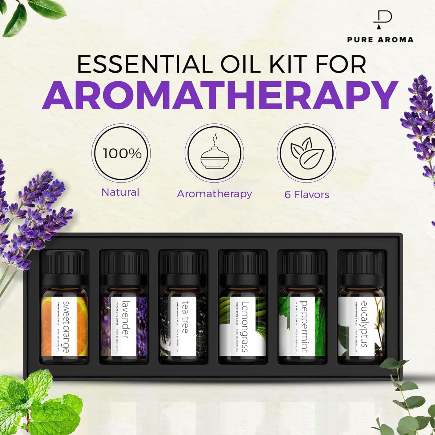 PURE AROMA Essential oils 100% Pure Therapeutic Grade Oils kit- Top 6 Aromatherapy Oils Gift Set-6 Pack, 10ML(Eucalyptus, Lavender, Lemon grass, Orange, Peppermint, Tea Tree)