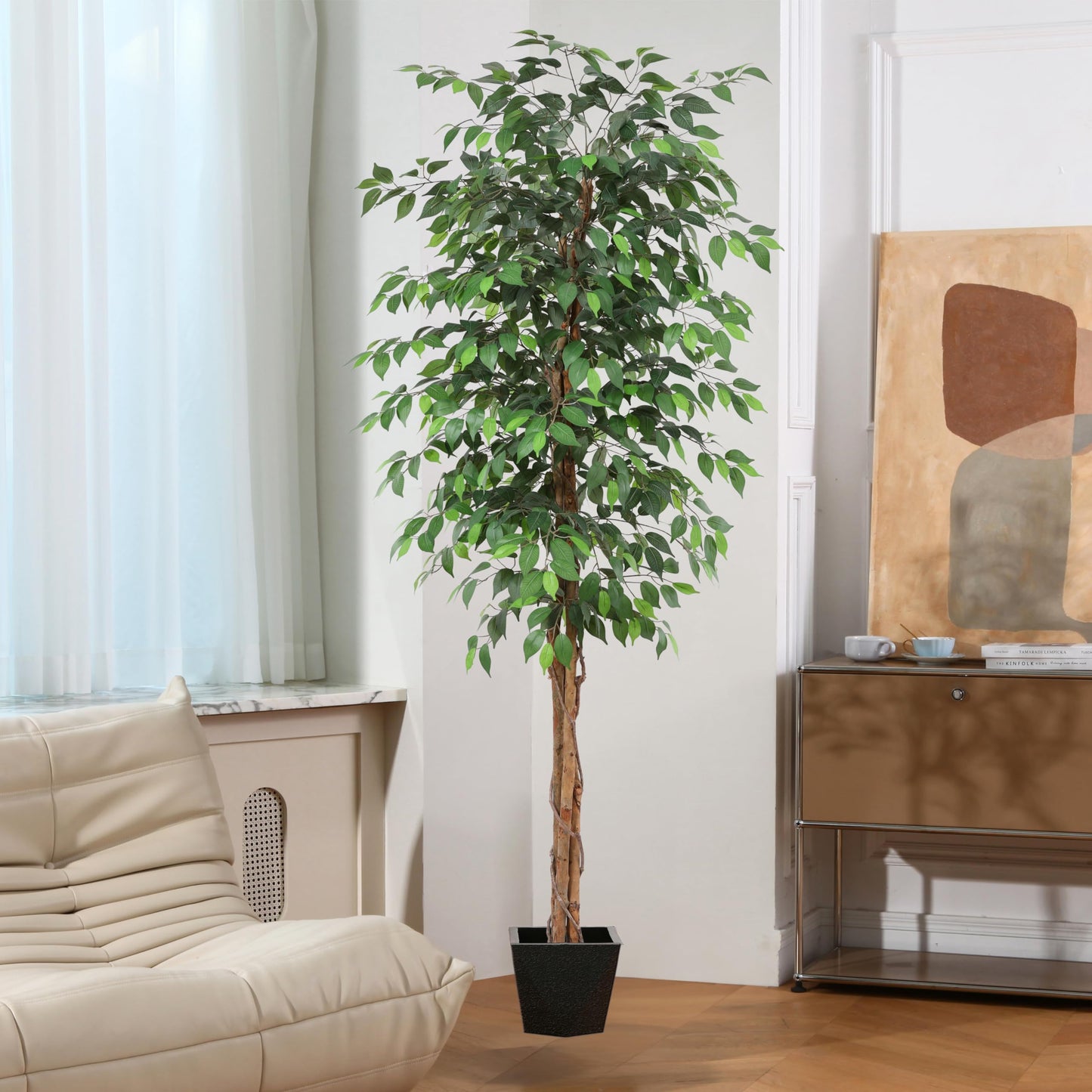 OAKRED 4FT Silk Artificial Ficus Tree with Realistic Leaves and Natural Trunk Fake Plants Tall Fake Tree Faux Ficus Tree for Office House Living Room Home Decor Indoor Outdoor,Set of 1