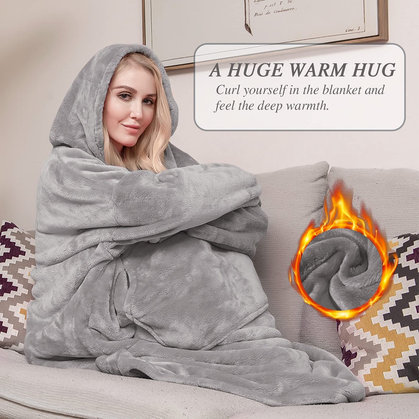 Sweatshirt Blanket Oversized Blanket Hoodie Big Blanket for Adults Hoodie Blanket Wearable Blanket Women Giant Hoody Blanket for Men Super Cosy Blanket with Sleeves Fleece Blanket Giant Pocket (Purple)