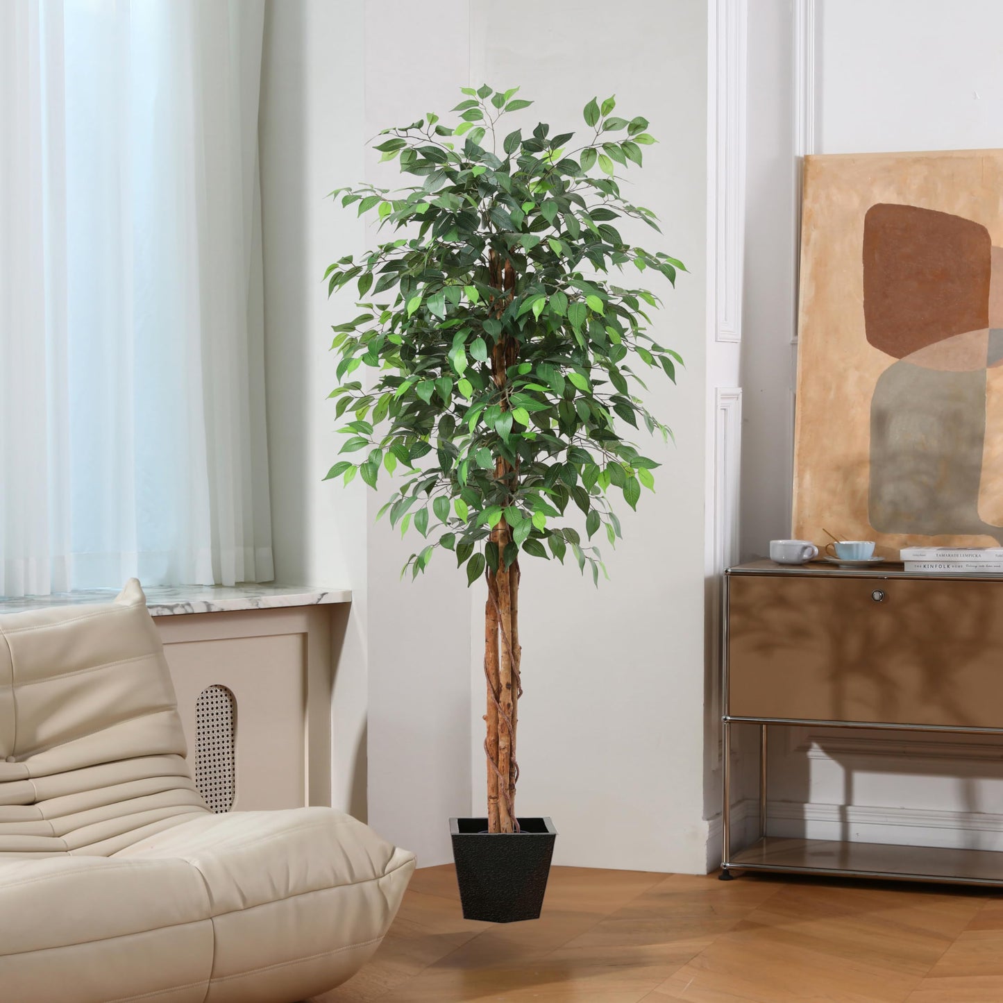 OAKRED 4FT Silk Artificial Ficus Tree with Realistic Leaves and Natural Trunk Fake Plants Tall Fake Tree Faux Ficus Tree for Office House Living Room Home Decor Indoor Outdoor,Set of 1