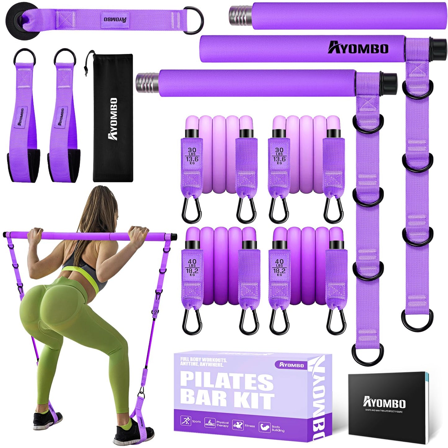 Pilates Bar Kit with Resistance Bands, Pilates Workout Equipment for Legs, Hip, Waist, Arm, Squats Exercise Equipment for Home Workouts, Adjustable 3-Section Pilates Bar Kit for Women & Men