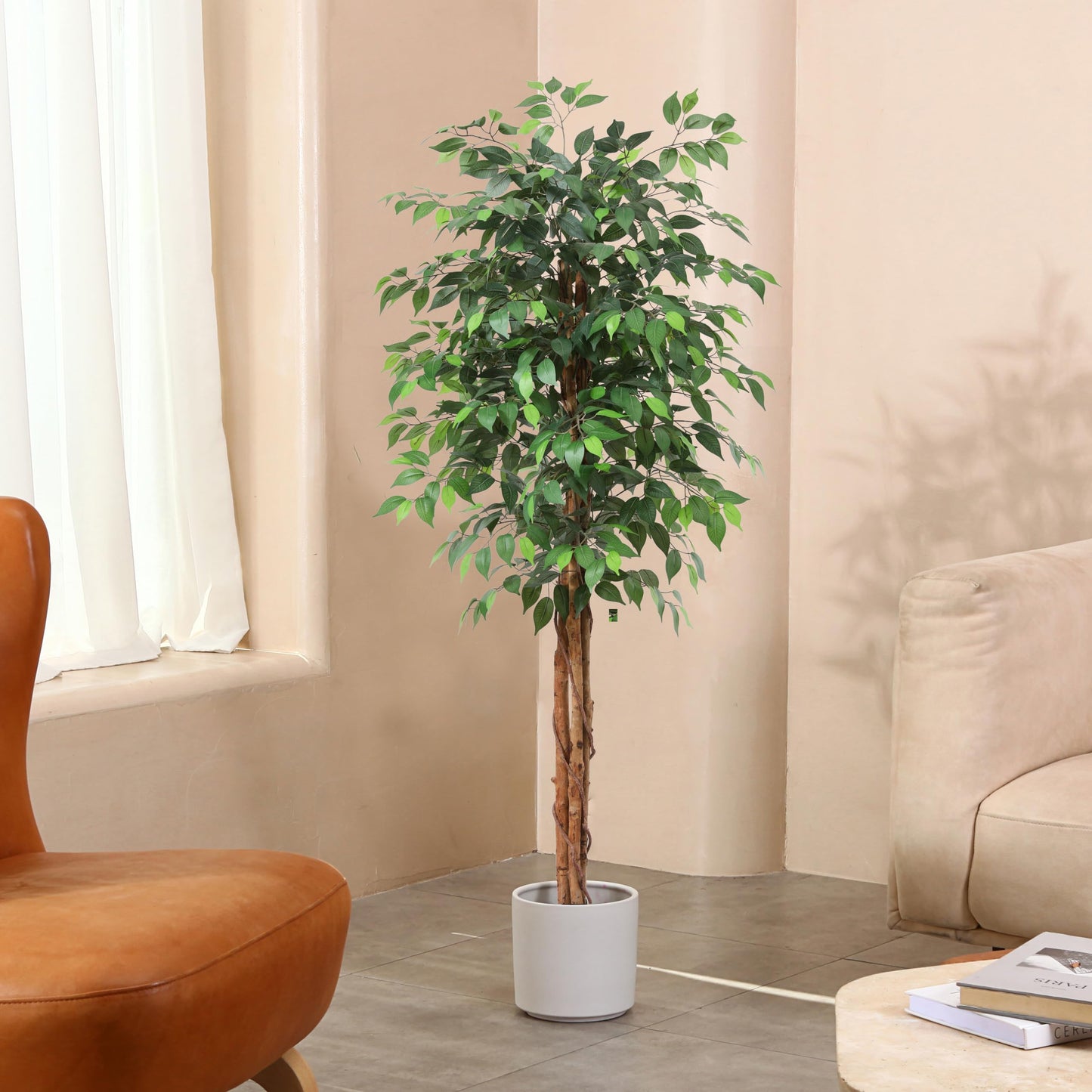 OAKRED 4FT Silk Artificial Ficus Tree with Realistic Leaves and Natural Trunk Fake Plants Tall Fake Tree Faux Ficus Tree for Office House Living Room Home Decor Indoor Outdoor,Set of 1