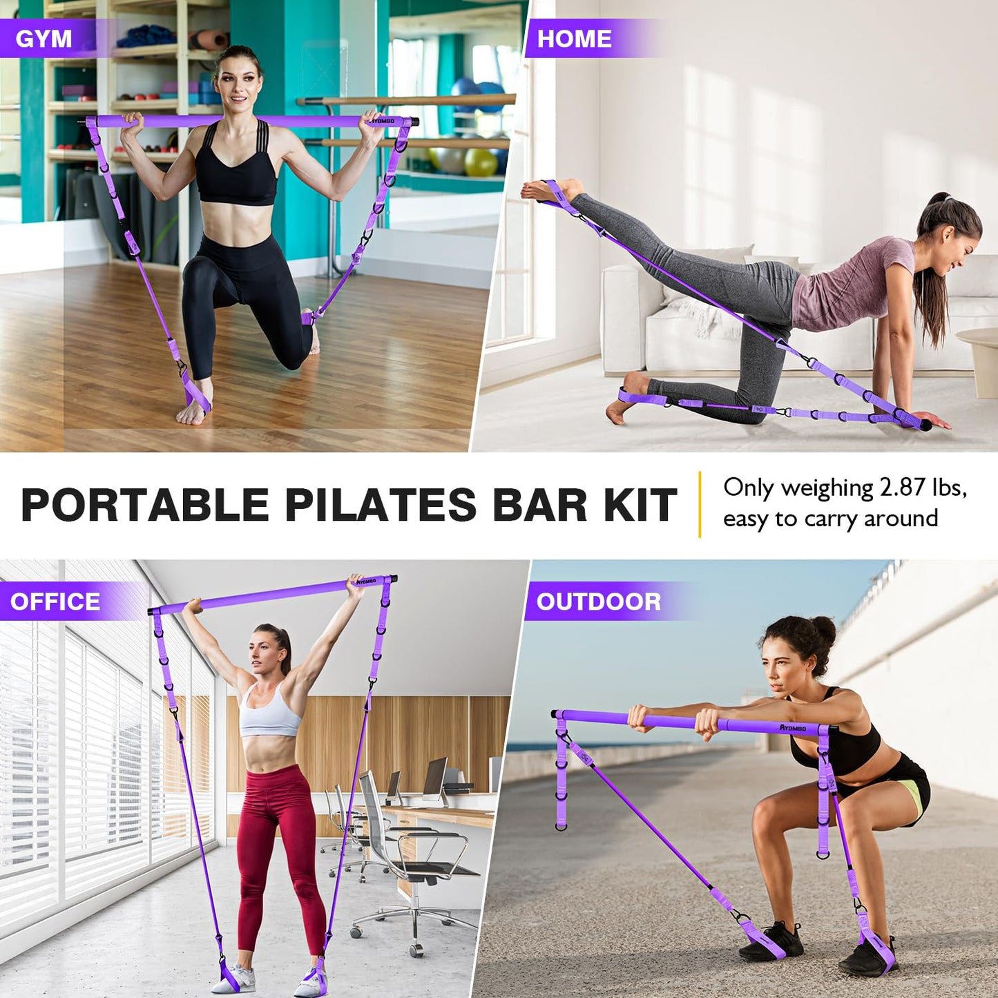 Pilates Bar Kit with Resistance Bands, Pilates Workout Equipment for Legs, Hip, Waist, Arm, Squats Exercise Equipment for Home Workouts, Adjustable 3-Section Pilates Bar Kit for Women & Men